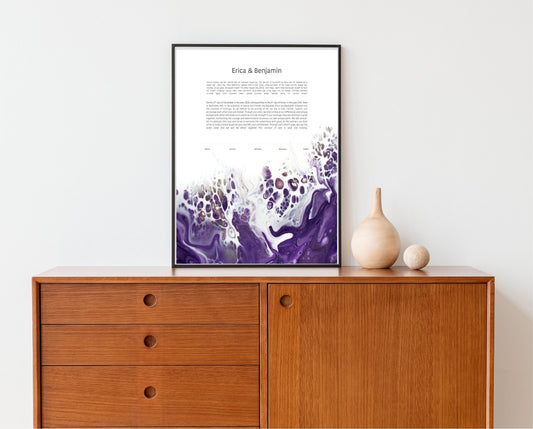 Modern Ketubah: Purple Acrylic Pour Artwork Custom Print Wedding Certificate  | Reform, Secular, Interfaith, LGBTQ+