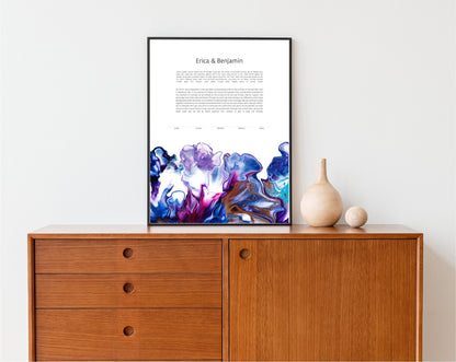 Modern Ketubah: Rainbow Blue Purple Acrylic Pour Artwork Custom Print Wedding Certificate  | Reform, Secular, Interfaith, LGBTQ+