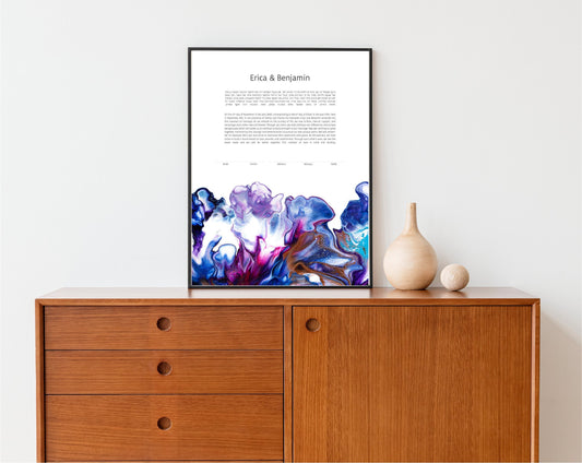 Modern Ketubah: Rainbow Blue Purple Acrylic Pour Artwork Custom Print Wedding Certificate  | Reform, Secular, Interfaith, LGBTQ+