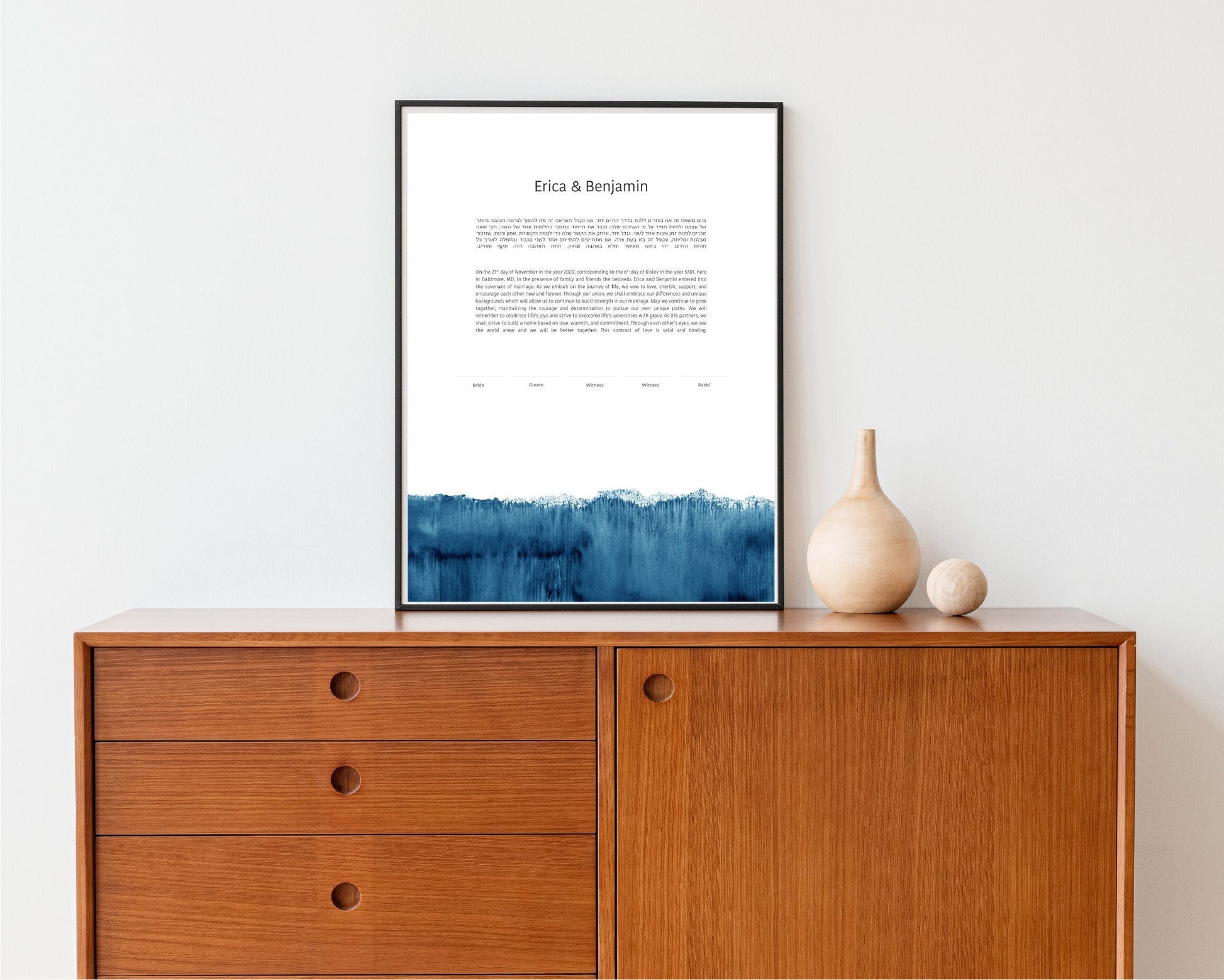 Modern Ketubah: Blue Watercolor Artwork Custom Print Wedding Certificate  | Reform, Secular, Interfaith, LGBTQ+