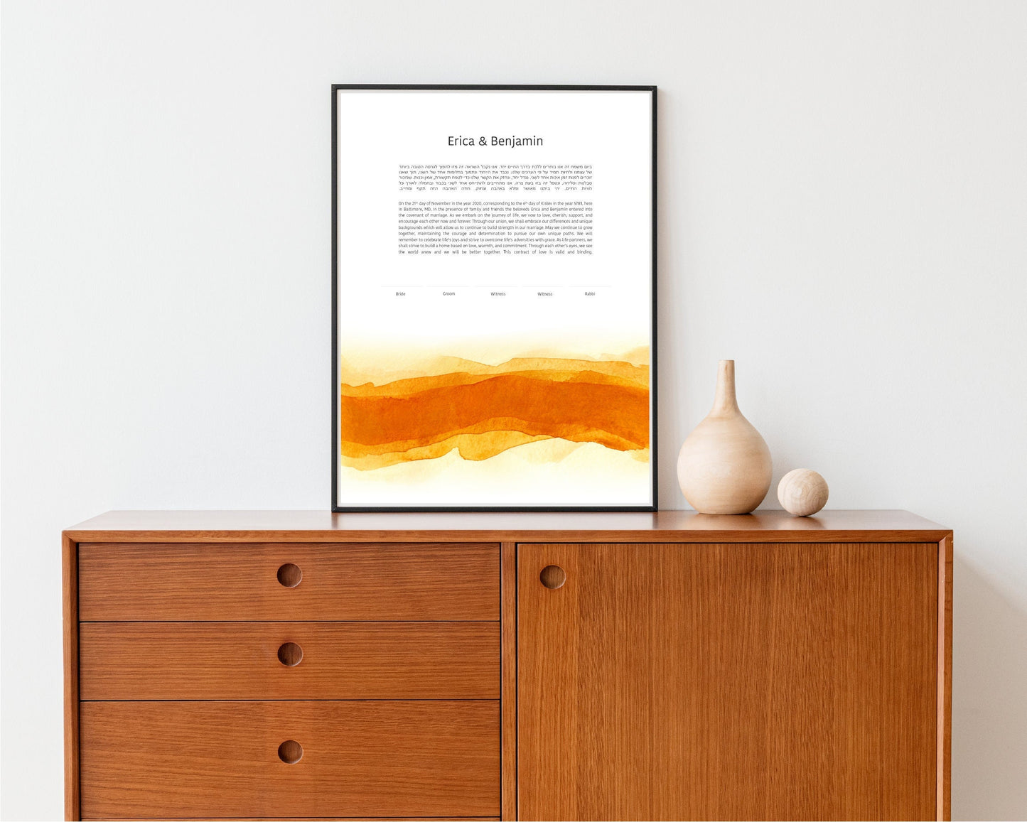 Modern Ketubah: Orange Watercolor Artwork Custom Print Wedding Certificate  | Reform, Secular, Interfaith, LGBTQ+