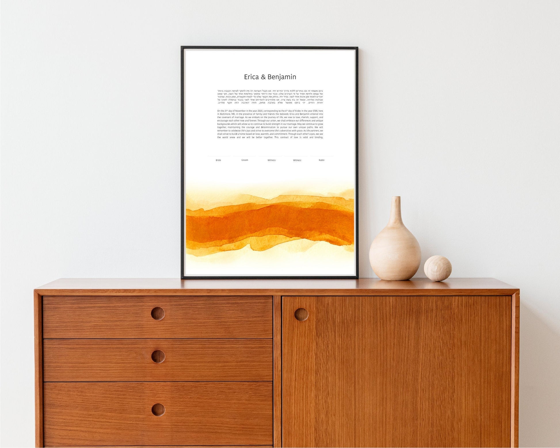 Modern Ketubah: Orange Watercolor Artwork Custom Print Wedding Certificate  | Reform, Secular, Interfaith, LGBTQ+