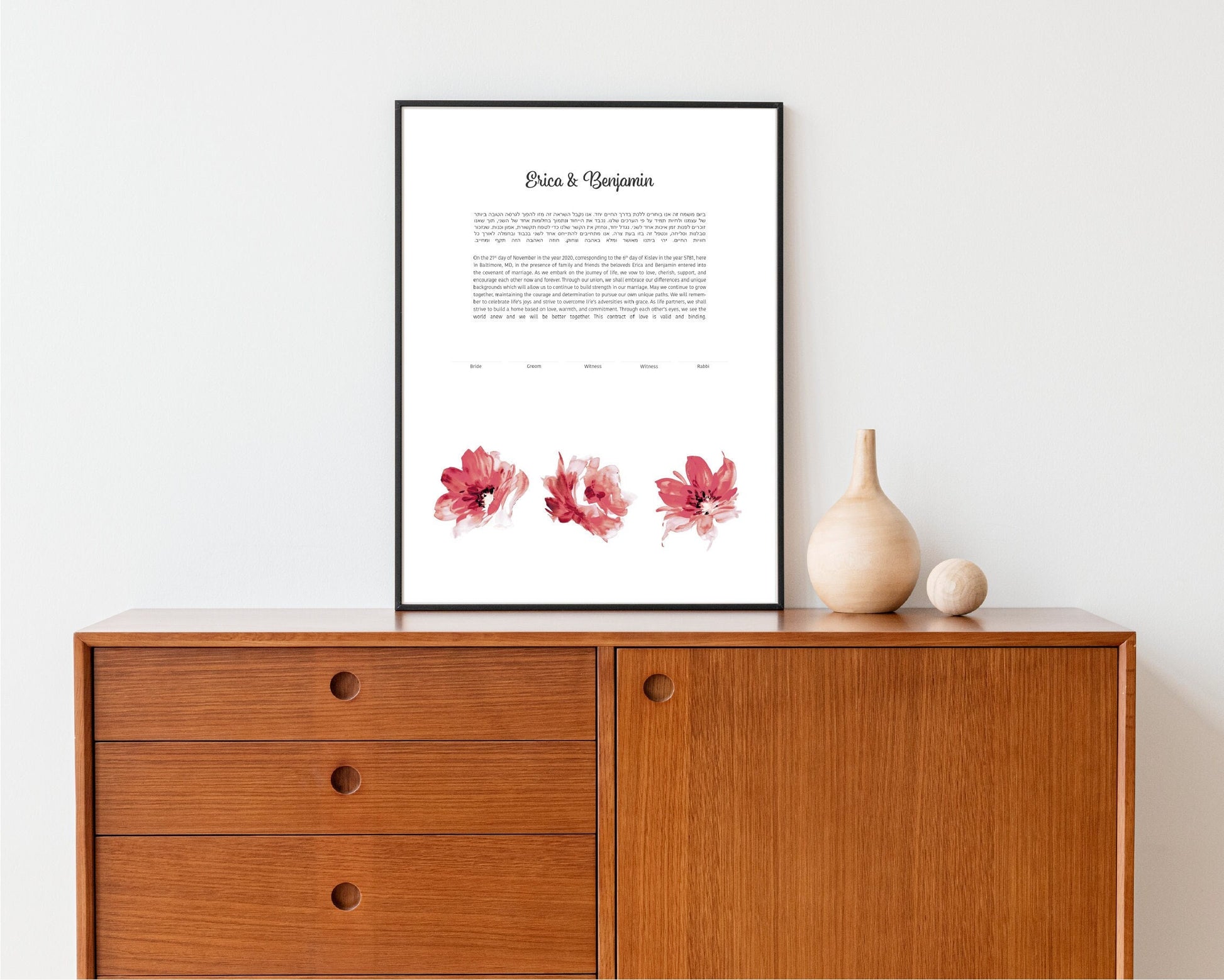 Modern Ketubah: Pink Floral Watercolor Artwork Custom Print Wedding Certificate  | Reform, Secular, Interfaith, LGBTQ+