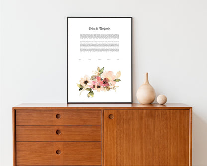 Modern Ketubah: Pink Floral Watercolor Artwork Custom Print Wedding Certificate  | Reform, Secular, Interfaith, LGBTQ+
