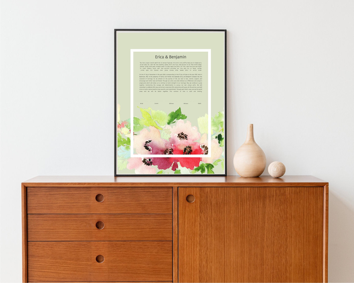 Modern Ketubah: Floral Watercolor Green Artwork Custom Print Wedding Certificate  | Reform, Secular, Interfaith, LGBTQ+