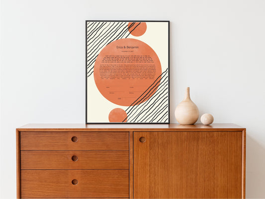 Mid Century Modern Ketubah: Orange Circle Geometric Artwork Print Wedding Certificate  | Reform, Secular, Interfaith, LGBTQ+