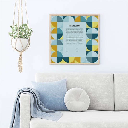 Mid Century Modern Ketubah: Blue Yellow Artwork Custom Print Wedding Certificate  | Reform, Secular, Interfaith, LGBTQ+