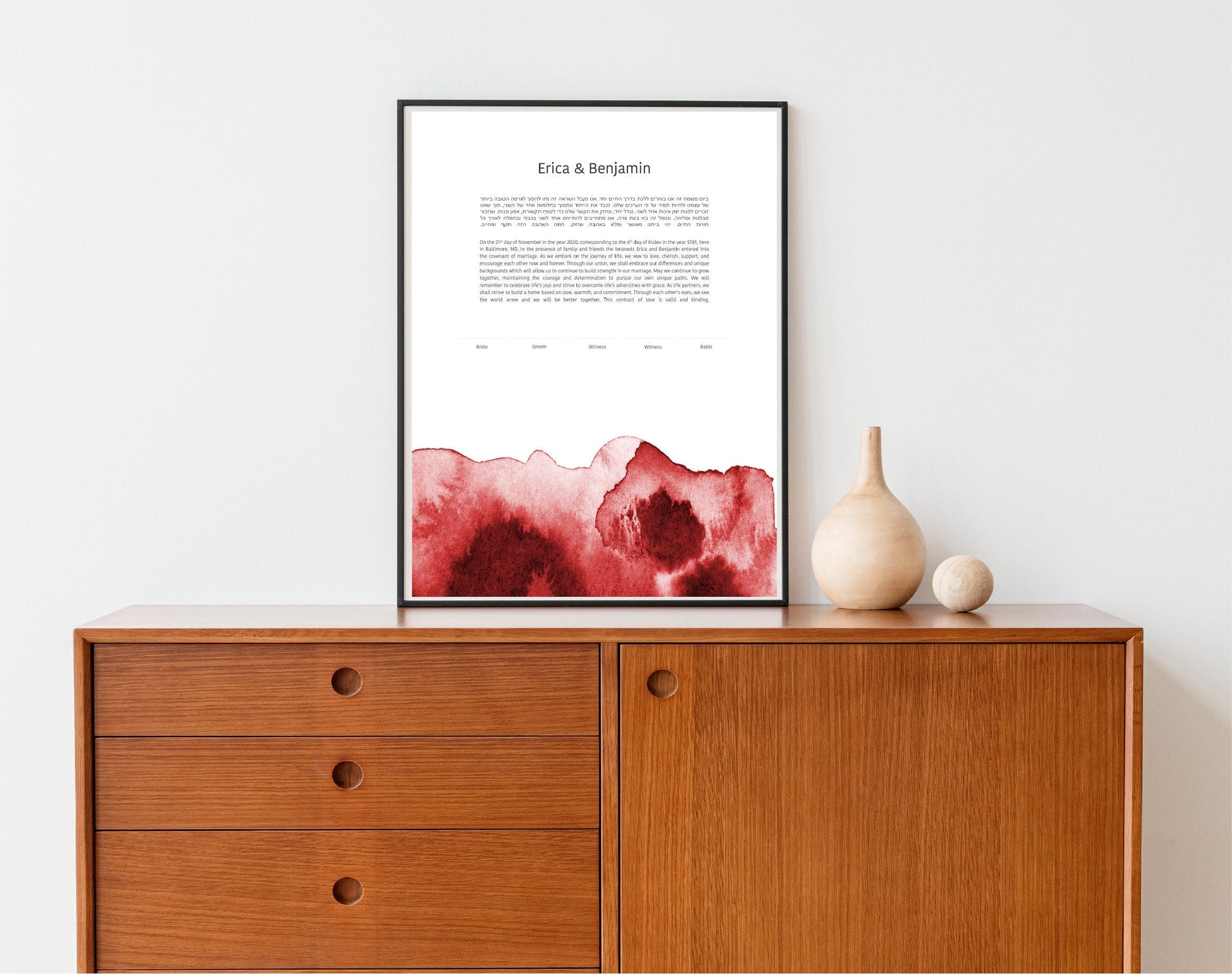 Modern Ketubah: Red Watercolor Artwork Custom Print Wedding Certificate  | Reform, Secular, Interfaith, LGBTQ+