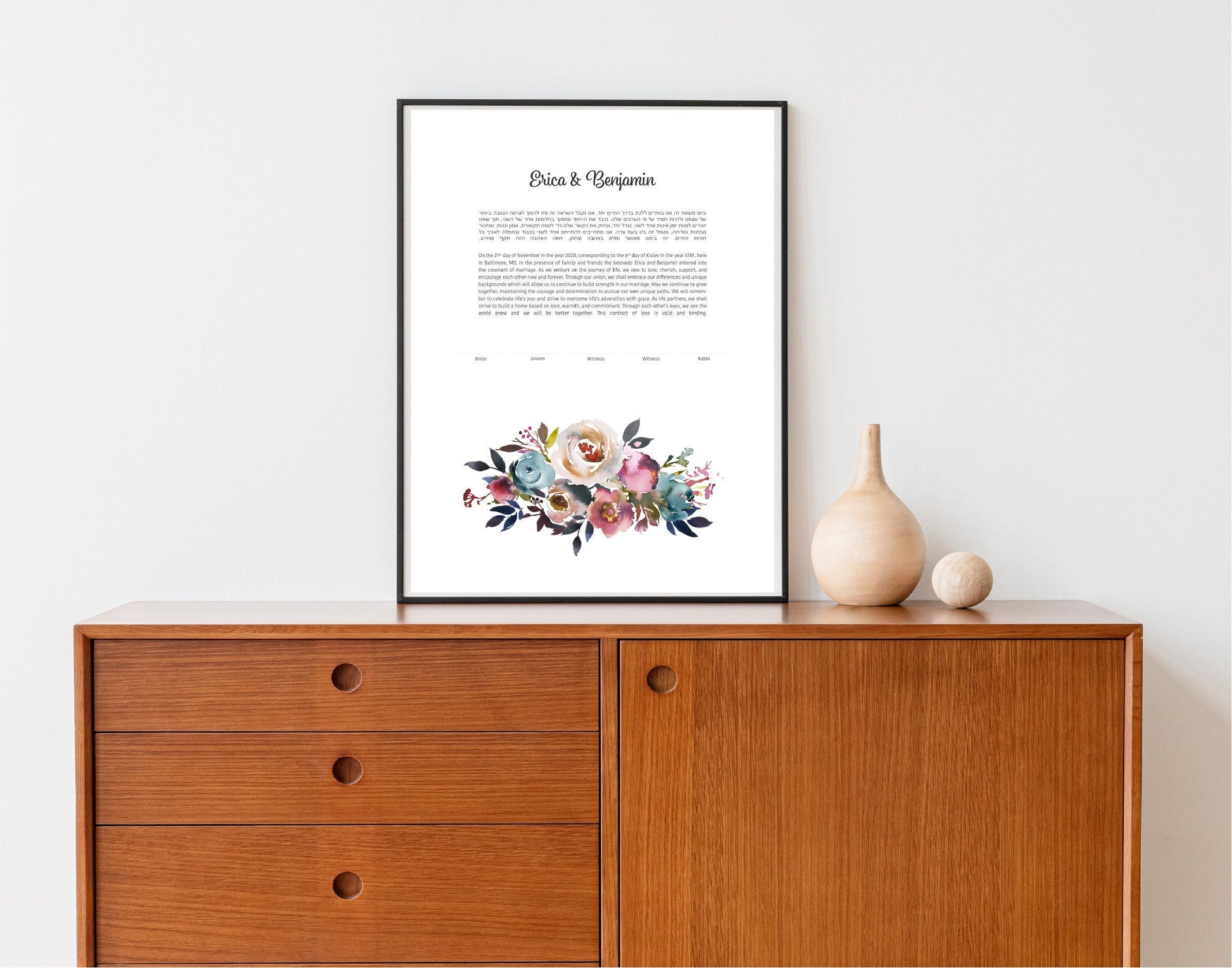 Modern Ketubah: Pink Floral Watercolor Artwork Custom Print Wedding Certificate  | Reform, Secular, Interfaith, LGBTQ+