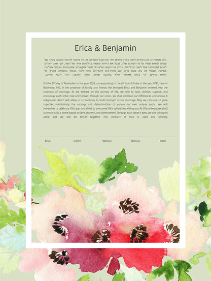 Modern Ketubah: Floral Watercolor Green Artwork Custom Print Wedding Certificate  | Reform, Secular, Interfaith, LGBTQ+