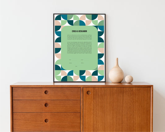 Mid Century Modern Ketubah: Blue and Green Geometric Artwork Print Wedding Certificate  | Reform, Secular, Interfaith, LGBTQ+