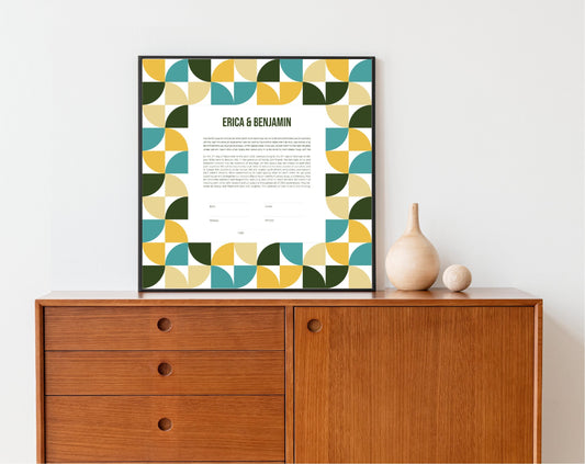 Mid Century Modern Ketubah: Green and Yellow Geometric Artwork Print Wedding Certificate  | Reform, Secular, Interfaith, LGBTQ+