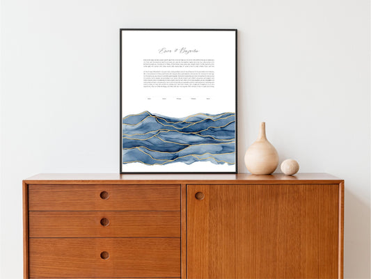 Modern Ketubah: Blue and Gold Watercolor Artwork Custom Print Wedding Certificate  | Reform, Secular, Interfaith, LGBTQ+