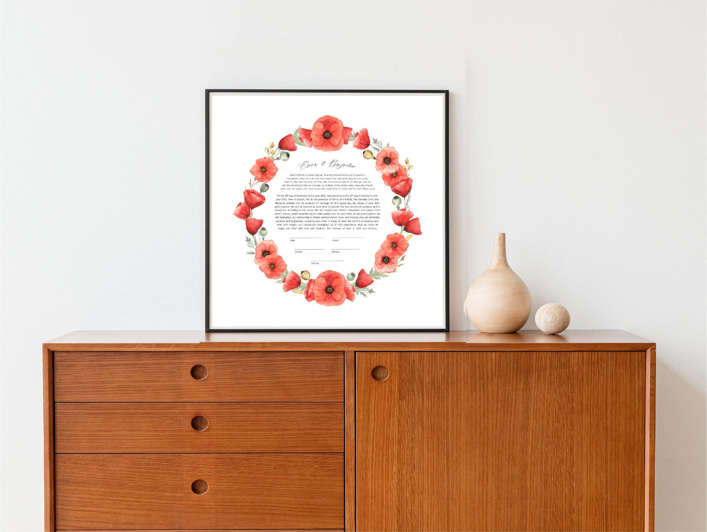 Poppy Floral Modern Ketubah | Watercolor Red Floral Custom Ketubah Wedding Certificate Print | Reform, Secular, Interfaith, LGBTQ+