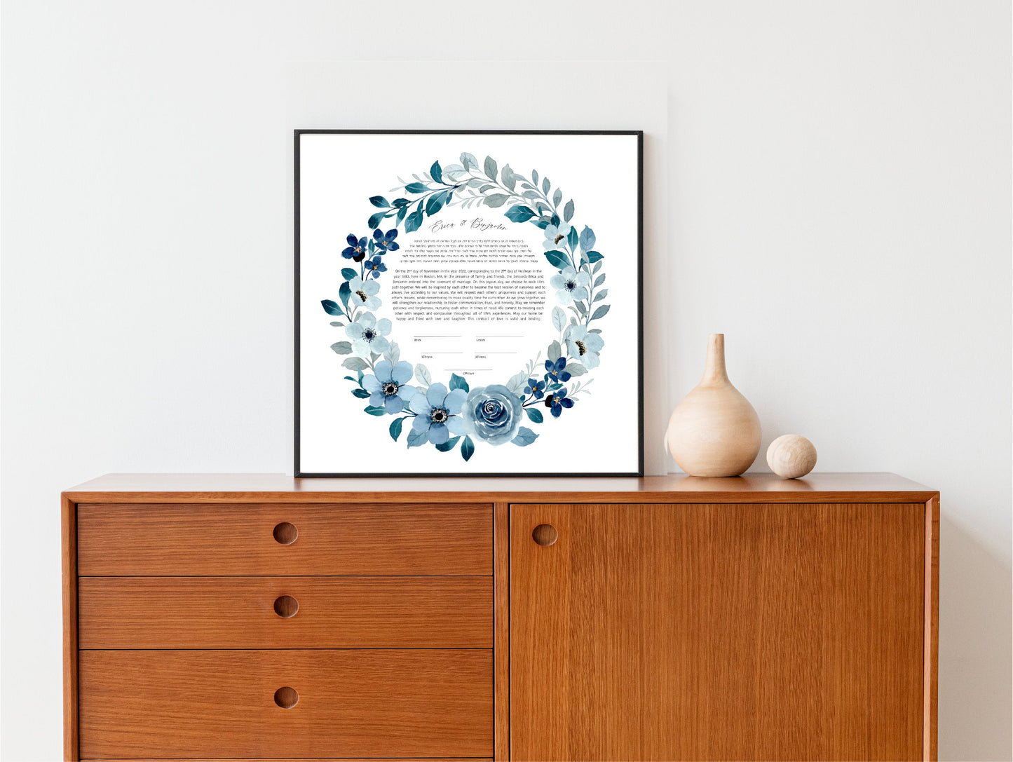 Blue Floral and Leaf Modern Ketubah | Floral Custom Ketubah Wedding Certificate Print | Reform, Secular, Interfaith, LGBTQ+