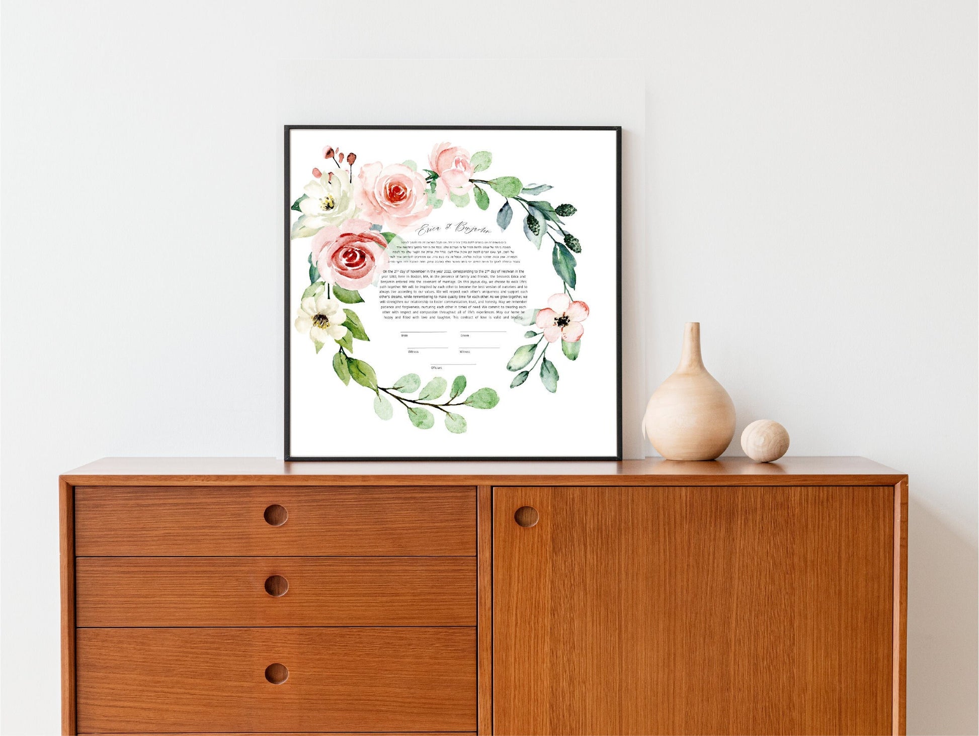 Pink Rose Floral Modern Ketubah | Watercolor Floral Custom Ketubah Wedding Certificate Print | Reform, Secular, Interfaith, LGBTQ+