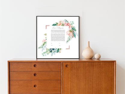 Pink Rose and Gold Modern Ketubah | Watercolor Floral Custom Ketubah Wedding Certificate Print | Reform, Secular, Interfaith, LGBTQ+