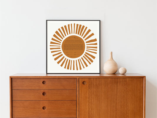 Modern Ketubah | Gold Orange Sun Rays Custom Ketubah Wedding Certificate Print | Reform, Secular, Interfaith, LGBTQ+