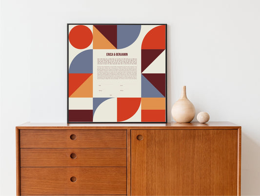 Mid Century Modern Ketubah: Red Geometric Artwork Print Wedding Certificate  | Reform, Secular, Interfaith, LGBTQ+