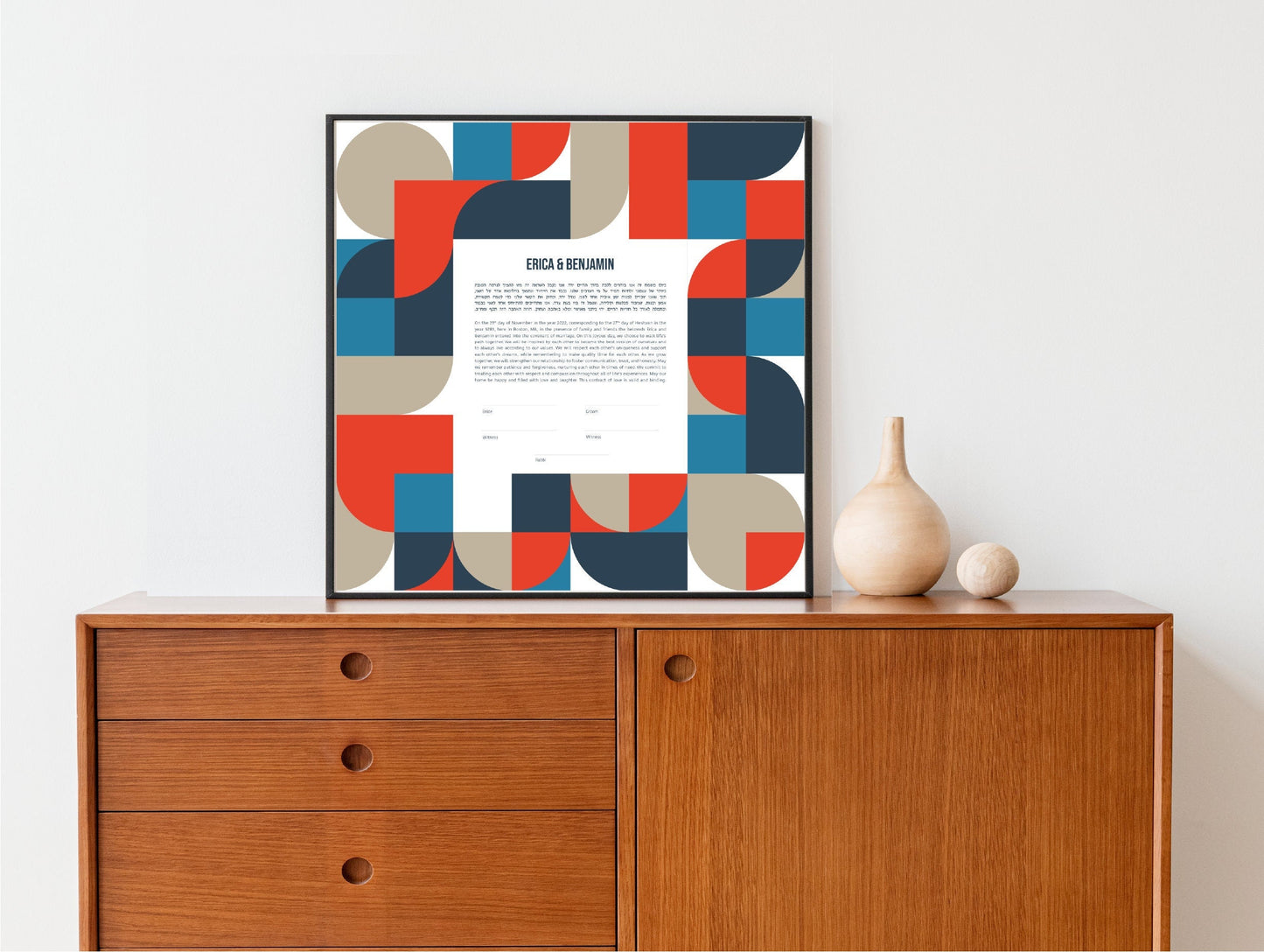 Mid Century Modern Ketubah: Red and Blue Geometric Artwork Print Wedding Certificate  | Reform, Secular, Interfaith, LGBTQ+