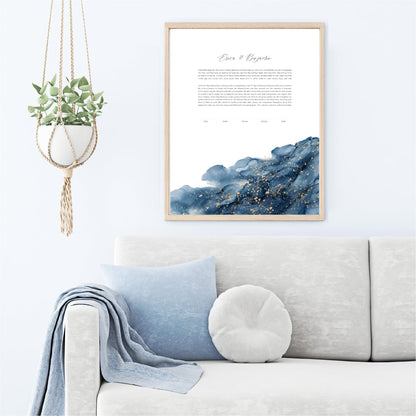 Modern Ketubah: Blue and Gold Wave Artwork Custom Print Wedding Certificate  | Reform, Secular, Interfaith, LGBTQ+