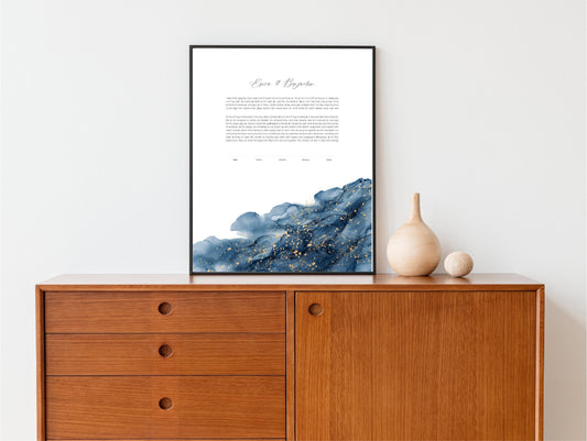 Modern Ketubah: Blue and Gold Wave Artwork Custom Print Wedding Certificate  | Reform, Secular, Interfaith, LGBTQ+