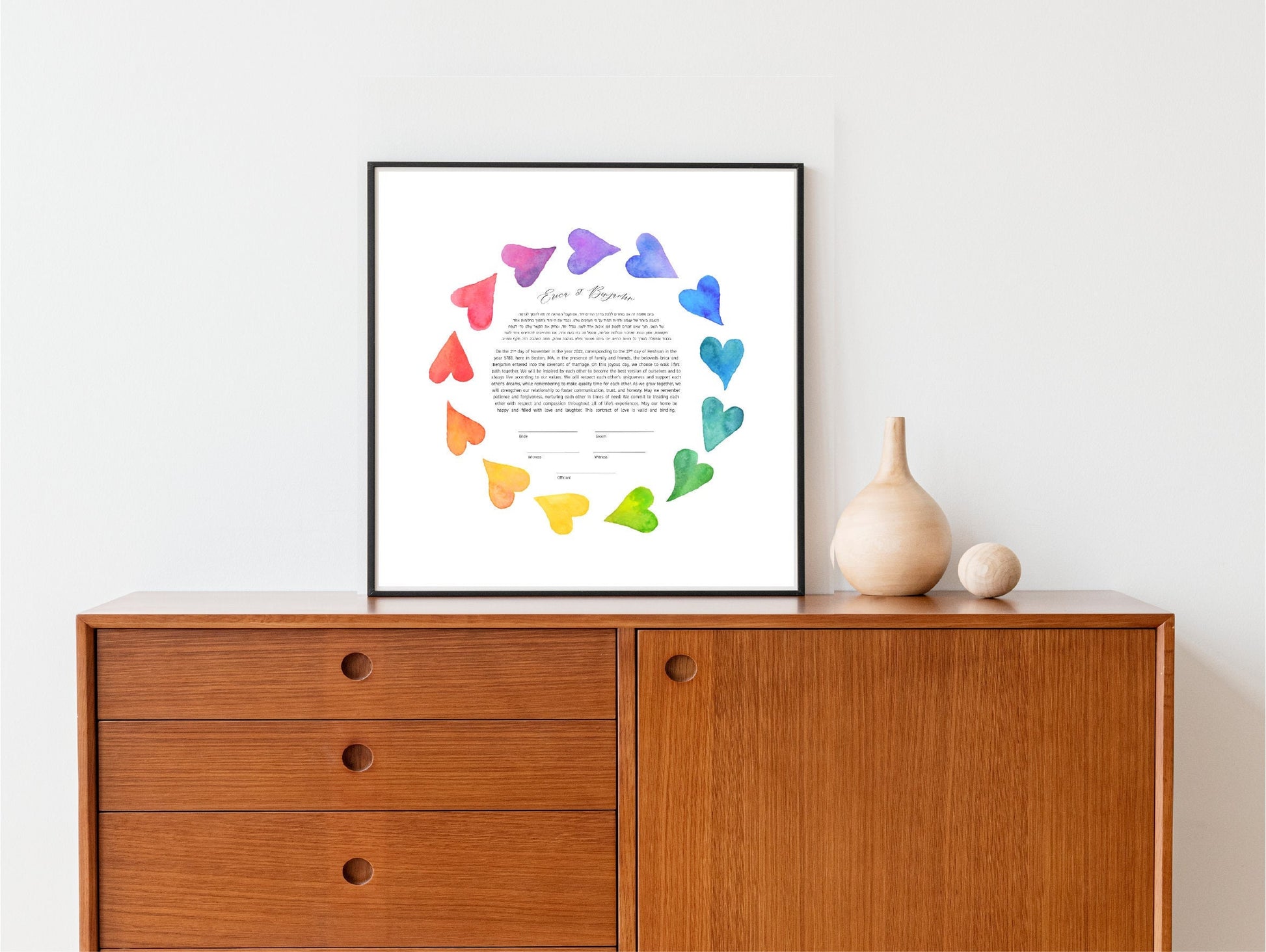 Rainbow Watercolor Hearts Modern Ketubah: Rainbow Pride Artwork Custom Print Wedding Certificate  | Reform, Secular, Interfaith, LGBTQ+