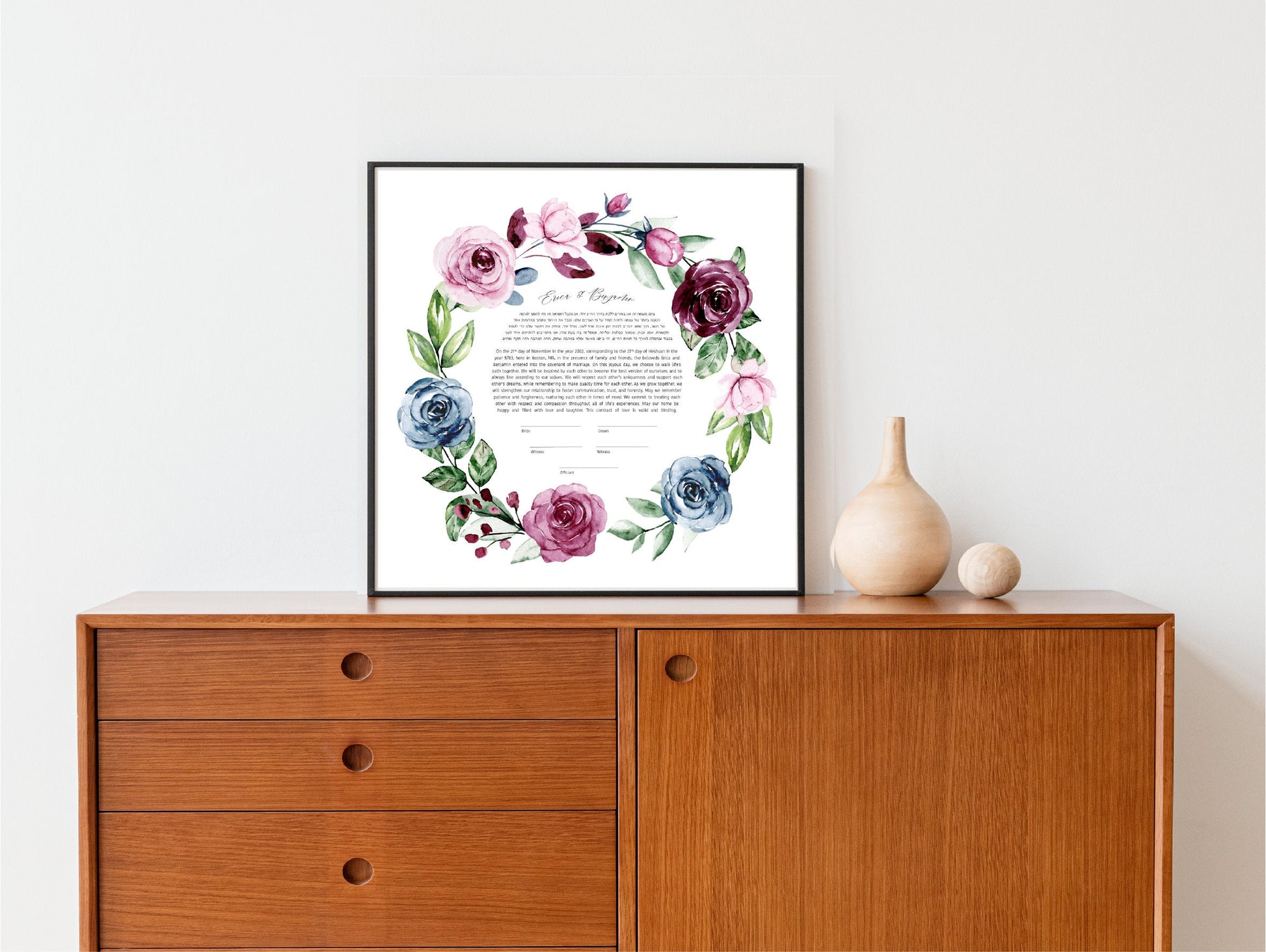 Pink Blue Rose Floral Modern Ketubah | Watercolor Floral Custom Ketubah Wedding Certificate Print | Reform, Secular, Interfaith, LGBTQ+