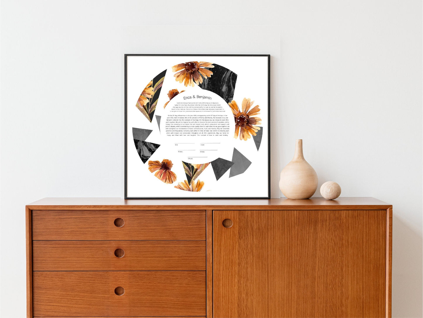 Floral Modern Ketubah | Watercolor Orange Gray Floral Custom Ketubah Wedding Certificate Print | Reform, Secular, Interfaith, LGBTQ+